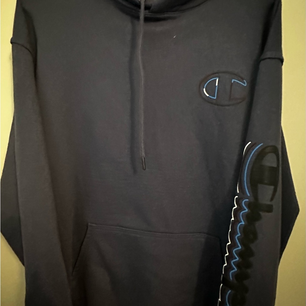 Champion Navy Hoodie with Blue-Trim Sleeve Script